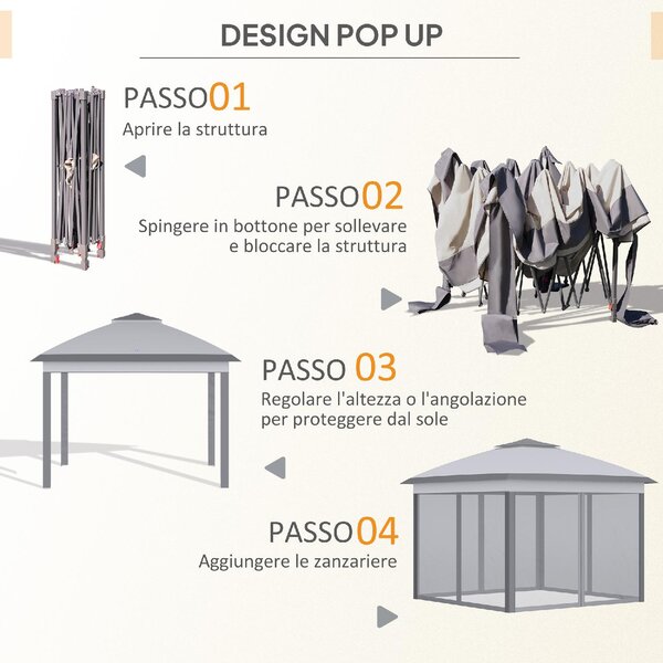 VivaGarden Gazebo da Giardino 3x3 mt Pieghevole in Metallo/Tessuto con Doppio tetto e Zanzariere colore Grigio