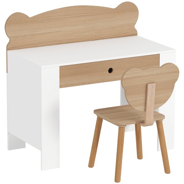 AIYAPLAY Set Scrivania per Bambini con Cassetto e Sedia con Schienale a Orsetto, Età 3-8 Anni, Legno | Aosom Italy