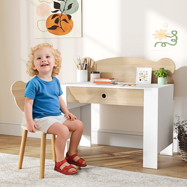 AIYAPLAY Set Scrivania per Bambini con Cassetto e Sedia con Schienale a Orsetto, Età 3-8 Anni, Legno | Aosom Italy