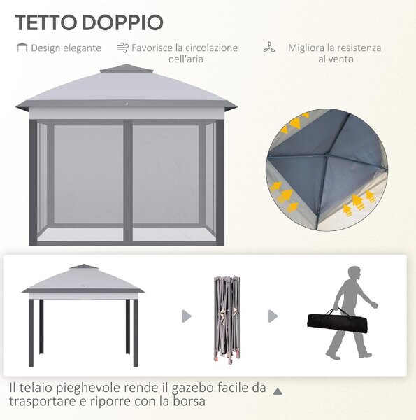 VivaGarden Gazebo da Giardino 3x3 mt Pieghevole in Metallo/Tessuto con Doppio tetto e Zanzariere colore Grigio