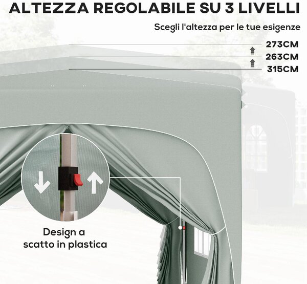 VivaGarden Gazebo da Giardino 3x3 mt Pieghevole in Metallo/Tessuto Tende Laterali con Finestre colore Grigio Chiaro