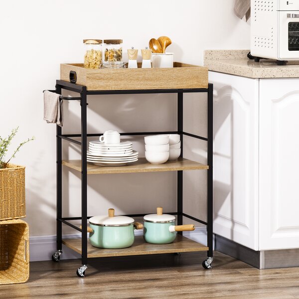 HOMCOM Carrello da Cucina a 3 Ripiani con Vassoio Rimovibile e Ruote Girevoli, in Stile Industriale 72x40x86cm, Legno e Nero | Aosom