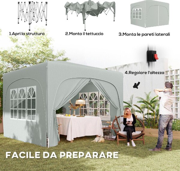 VivaGarden Gazebo da Giardino 3x3 mt Pieghevole in Metallo/Tessuto Tende Laterali con Finestre colore Grigio Chiaro