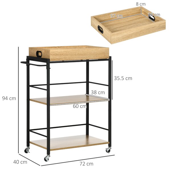 HOMCOM Carrello da Cucina a 3 Ripiani con Vassoio Rimovibile e Ruote Girevoli, in Stile Industriale 72x40x86cm, Legno e Nero | Aosom