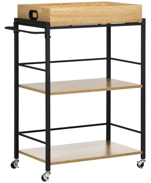 HOMCOM Carrello da Cucina a 3 Ripiani con Vassoio Rimovibile e Ruote Girevoli, in Stile Industriale 72x40x86cm, Legno e Nero | Aosom