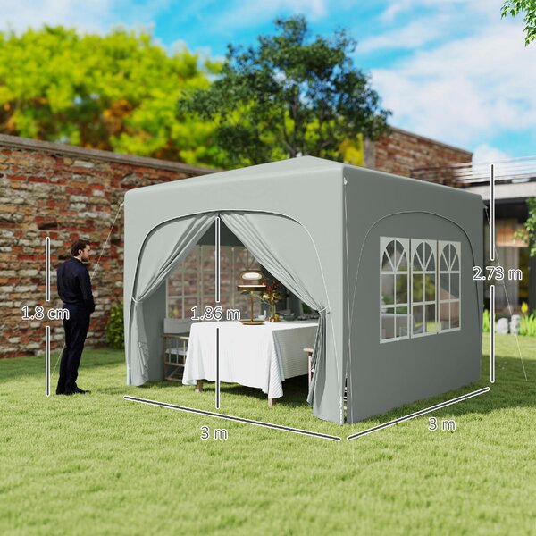VivaGarden Gazebo da Giardino 3x3 mt Pieghevole in Metallo/Tessuto Tende Laterali con Finestre colore Grigio Chiaro