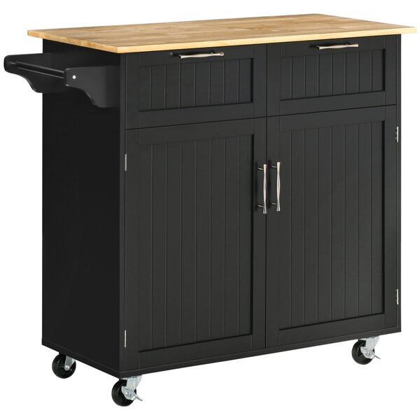 HOMCOM Carrello da Cucina Multiuso in Legno con 2 Cassetti, Armadietto e 4 Ruote, 104x46x91cm, Nero|Aosom
