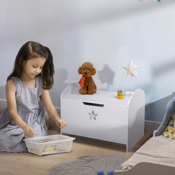 HOMCOM Cassapanca Contenitore in Legno con Coperchio per Bambini, Cerniera di Sicurezza e Maniglie Intagliate, 62x40x46.5cm, Bianco| Aosom Italy