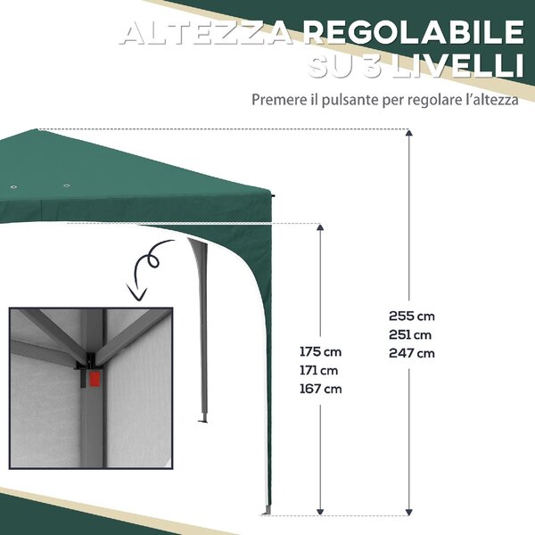VivaGarden Gazebo da Giardino 3x3 mt Pieghevole in Metallo/Tessuto con Protezione raggi UV colore Verde