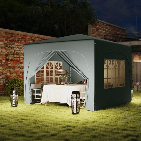VivaGarden Gazebo da Giardino 3x3 mt Pieghevole in Metallo/Tessuto Tende Laterali con Finestre colore Grigio Chiaro