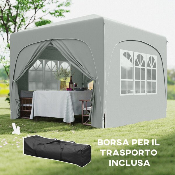 VivaGarden Gazebo da Giardino 3x3 mt Pieghevole in Metallo/Tessuto Tende Laterali con Finestre colore Grigio Chiaro