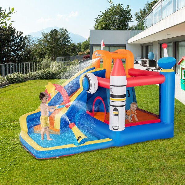 Outsunny Gioco Gonfiabile per Bambini 3-8 Anni a tema Spazio in Tessuto Oxford con Borsa da Trasporto, 11 Paletti e Toppe Inclusi, 340x270x227 cm