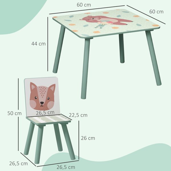 ZONEKIZ Set Tavolino e 2 Sedie per Bambini 3-8 Anni, materiali certificati e i bordi arrotondati, in MDF e Legno di Pino, Verde|Aosom Italy