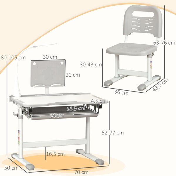 HOMCOM Set Tavolo e Sedie per 6-12 Anni con Altezza e Inclinazione Regolabile, leggio, portapenne, porta tazza e Lampada USB,Grigio|Aosom Italy