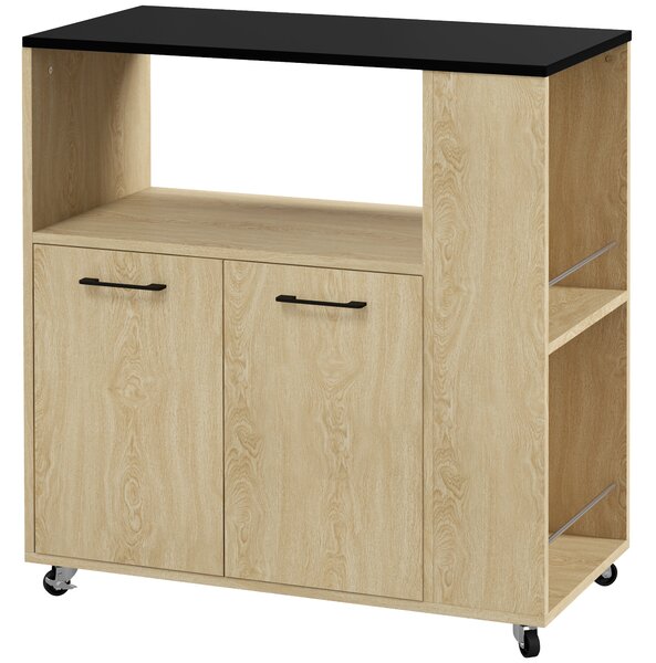 HOMCOM Carrello da Cucina con Ripiano Aperto, Armadietto e Scaffale Laterale, in Legno, Mobiletto Cucina con Ruote, Rovere e Nero | Aosom Italy
