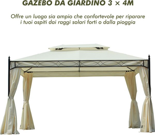 VivaGarden Gazebo da Giardino 3x4 mt in Acciaio/Tessuto con Doppio tetto e Tende colore Crema