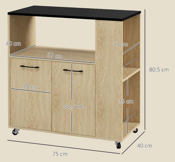 HOMCOM Carrello da Cucina con Ripiano Aperto, Armadietto e Scaffale Laterale, in Legno, Mobiletto Cucina con Ruote, Rovere e Nero | Aosom Italy
