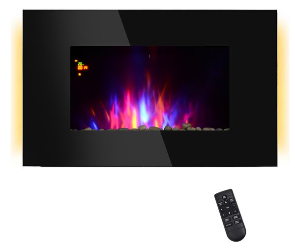 HOMCOM Camino Elettrico da Parete o Terra 2000W con Fiamma LED 7 Colori, Nero, 90x56x9.5cm