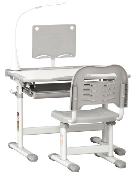 HOMCOM Set Tavolo e Sedie per 6-12 Anni con Altezza e Inclinazione Regolabile, leggio, portapenne, porta tazza e Lampada USB,Grigio|Aosom Italy