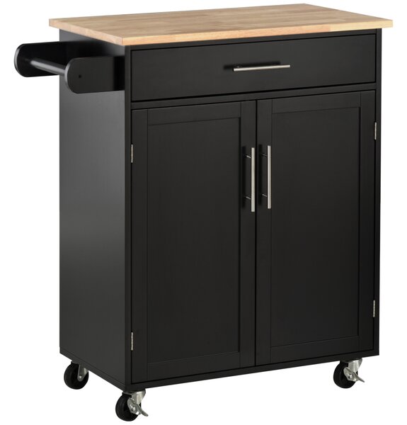 HOMCOM Carrello da Cucina con Armadietto 2 Ante e Cassetto, Ruote e Barra Laterale, 83x45x91.5 cm, Nero | Aosom Italy
