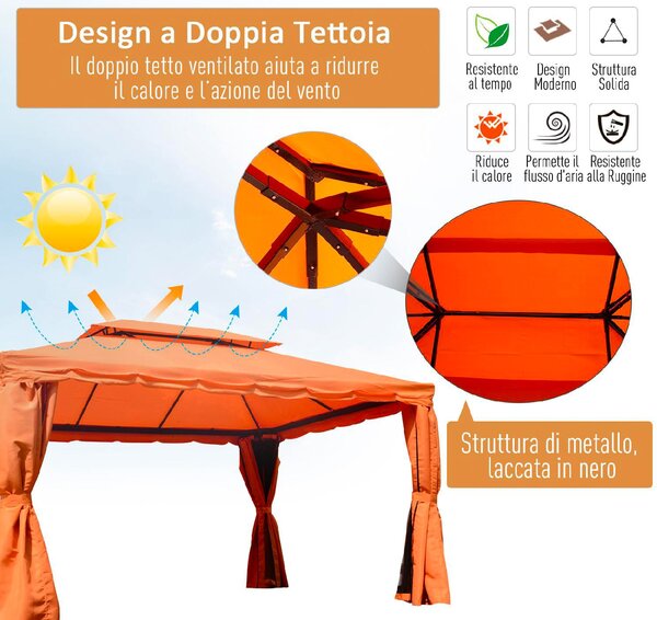 VivaGarden Gazebo da Giardino 3x4 mt in Alluminio/Tessuto con Doppio tetto Tende e Zanzariere colore Arancione
