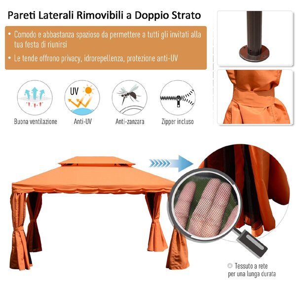 VivaGarden Gazebo da Giardino 3x4 mt in Alluminio/Tessuto con Doppio tetto Tende e Zanzariere colore Arancione