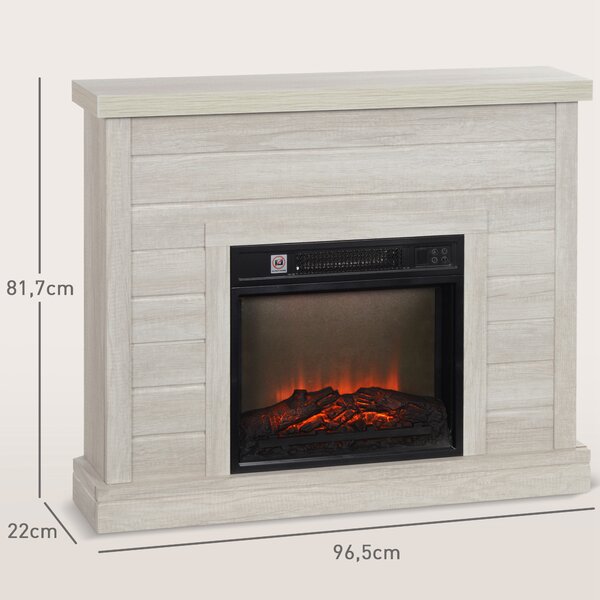 HOMCOM Camino Elettrico 1800W con Effetto Fiamma e Telecomando, in Legno, Metallo e Vetro, 96.5x22x81.7 cm, Grigio Chiaro