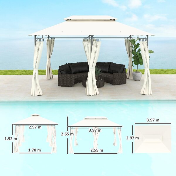VivaGarden Gazebo da Giardino 3x4 mt in Metallo/Tessuto con Doppio tetto e Tende colore Crema