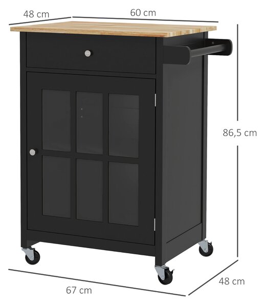 HOMCOM Carrello Cucina Portafrutta con Ruote Cassetti e Armadietto Regolabile, Antina in vetro e Portasciugamani, in Legno, Nero e Rovere|Aosom Italy