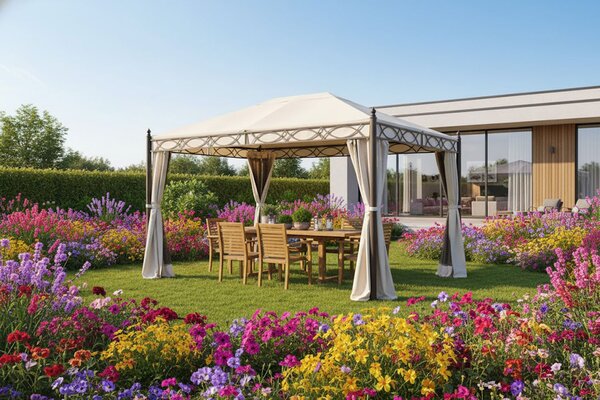 Amicasa Gazebo da Giardino 3x4 mt in Ferro/Tessuto con Tende e Zanzariere colore Beige - Oregon