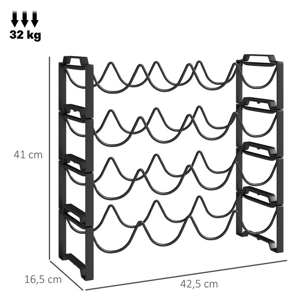 HOMCOM Portabottiglie a 4 Livelli a Onda Impilabili per 16 Bottiglie, in Metallo, 42.5x16.5x41 cm, Nero
