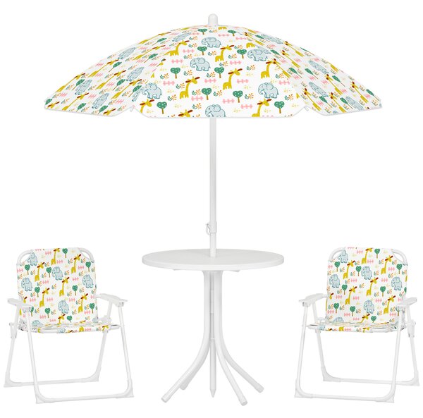 AIYAPLAY Set da Giardino per Bambini 2-5 Anni con Tavolino Rotondo, 2 Sedie Pieghevoli e un Ombrellone, Bianco
