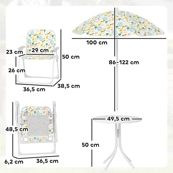AIYAPLAY Set da Giardino per Bambini 2-5 Anni con Tavolino Rotondo, 2 Sedie Pieghevoli e un Ombrellone, Bianco