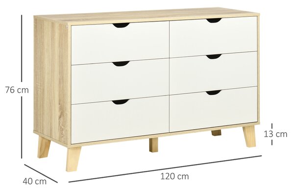 HOMCOM Cassettiera Moderno 6 Cassetti in Legno con Maniglie Intagliate, 120x40x76 cm, Bianco e Rovere| Aosom Italy