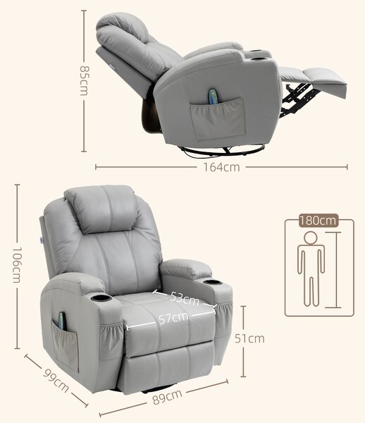 HOMCOM Poltrona Reclinabile con Poggiapiedi e Telecomando, Sedia Massaggiante in Pelle PU, 89x99x106 cm, Grigio | Aosom Italy