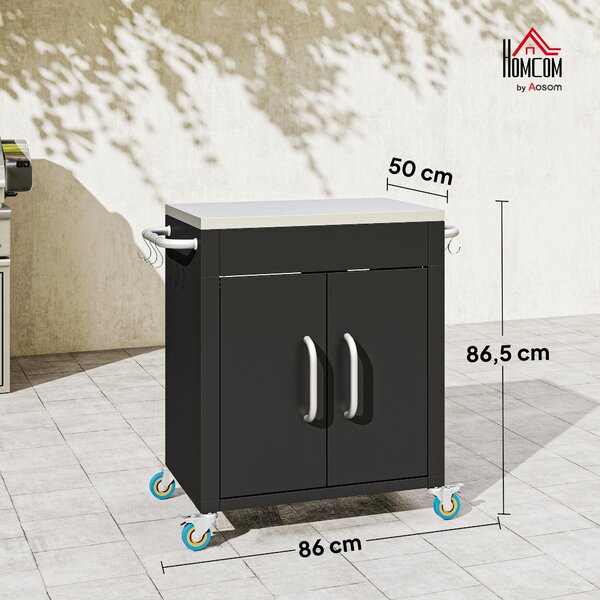 HOMCOM Carrello da Cucina in Acciaio Inox con Armadietto Contenitore e 6 Ganci, 86x50x86.5 cm, Nero | Aosom Italy