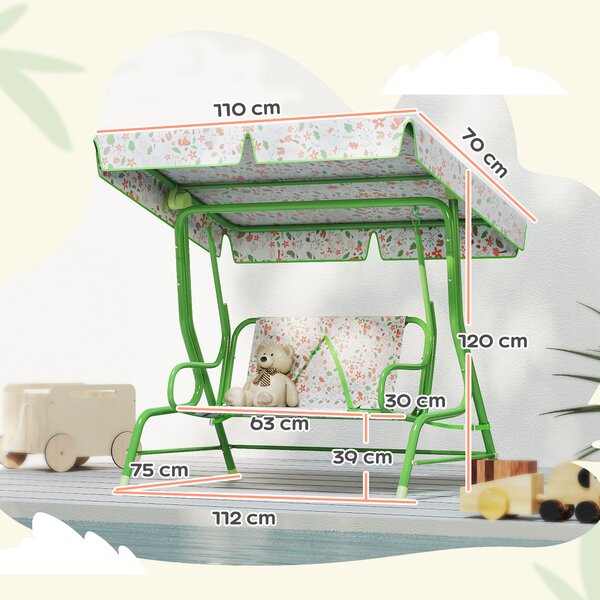 AIYAPLAY Dondolo per Bambini da Esterno a 2 Posti con Tettuccio Regolabile e Cinture di Sicurezza, 112x75x120 cm, Verde