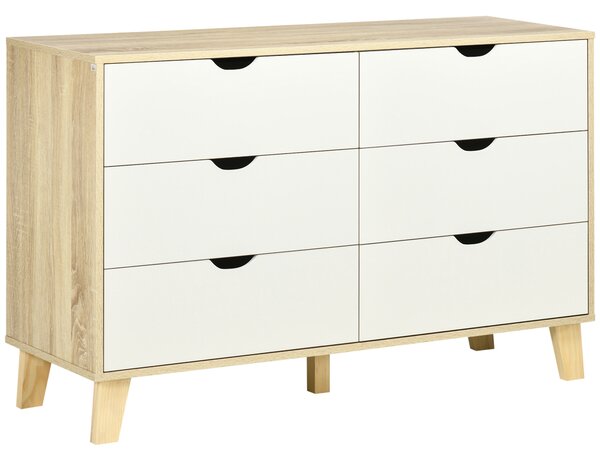 HOMCOM Cassettiera Moderno 6 Cassetti in Legno con Maniglie Intagliate, 120x40x76 cm, Bianco e Rovere| Aosom Italy