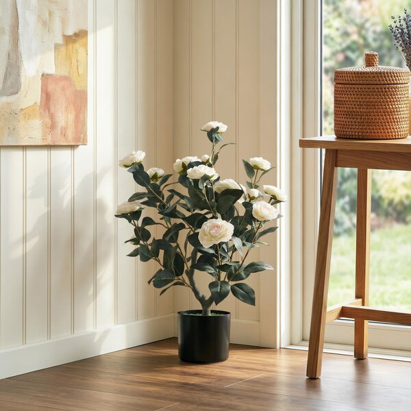 HOMCOM Pianta Artificiale di Camelia 65 cm, Albero Artificiale in Vaso con Fiori in Seta Realistici e 116 Foglie, Effetto Muschio, Bianco | Aosom Italy