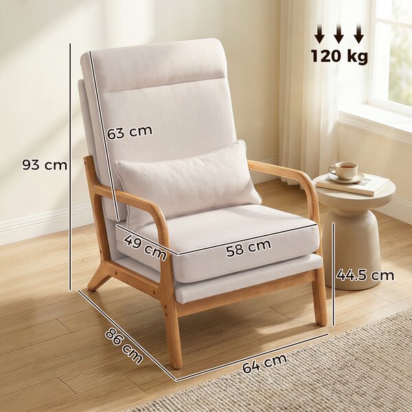 HOMCOM Poltrona d'Appoggio Imbottita in Tessuto Effetto Lino con Ampia Seduta, Supporto Lombare e Schienale Alto, 64x86x93 cm, Crema | Aosom Italy