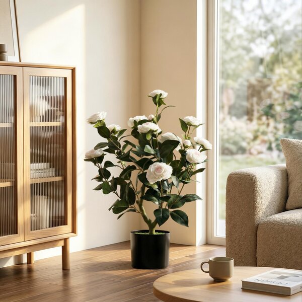 HOMCOM Pianta Artificiale di Camelia 65 cm, Albero Artificiale in Vaso con Fiori in Seta Realistici e 116 Foglie, Effetto Muschio, Bianco | Aosom Italy