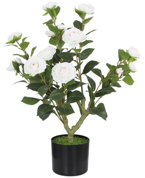 HOMCOM Pianta Artificiale di Camelia 65 cm, Albero Artificiale in Vaso con Fiori in Seta Realistici e 116 Foglie, Effetto Muschio, Bianco | Aosom Italy