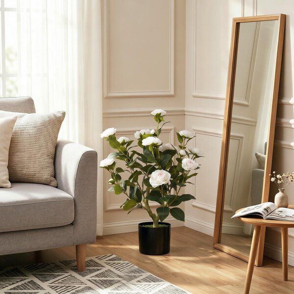 HOMCOM Pianta Artificiale di Camelia 65 cm, Albero Artificiale in Vaso con Fiori in Seta Realistici e 116 Foglie, Effetto Muschio, Bianco | Aosom Italy