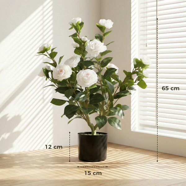 HOMCOM Pianta Artificiale di Camelia 65 cm, Albero Artificiale in Vaso con Fiori in Seta Realistici e 116 Foglie, Effetto Muschio, Bianco | Aosom Italy