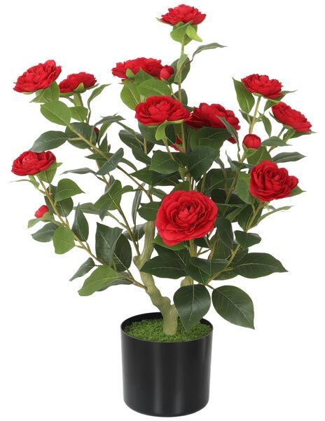 HOMCOM Pianta Artificiale di Camelia 65 cm, Albero Artificiale in Vaso con Fiori in Seta Realistici e 116 Foglie, Effetto Muschio, Rosso | Aosom Italy