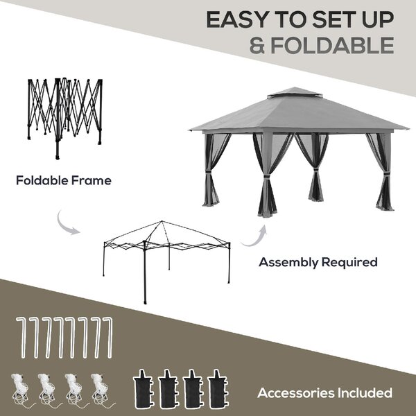 VivaGarden Gazebo da Giardino 4x4 mt Pieghevole in Metallo/Tessuto con Doppio tetto e Tende colore Grigio