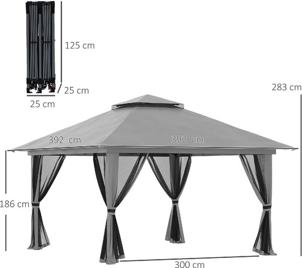 VivaGarden Gazebo da Giardino 4x4 mt Pieghevole in Metallo/Tessuto con Doppio tetto e Tende colore Grigio