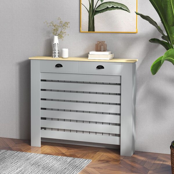 HOMCOM Copritermosifone in MDF a Doghe, Copricalorifero a Griglia con 2 Cassetti, 111x19x95.5 cm, Grigio | Aosom Italy