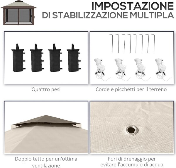 VivaGarden Gazebo da Giardino 4x4 mt Pieghevole in Metallo/Tessuto con Doppio tetto e Tende colore Beige