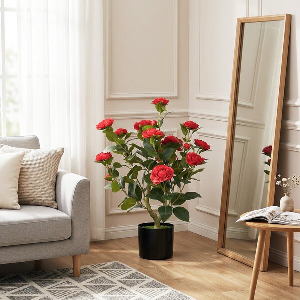 HOMCOM Pianta Artificiale di Camelia 65 cm, Albero Artificiale in Vaso con Fiori in Seta Realistici e 116 Foglie, Effetto Muschio, Rosso | Aosom Italy